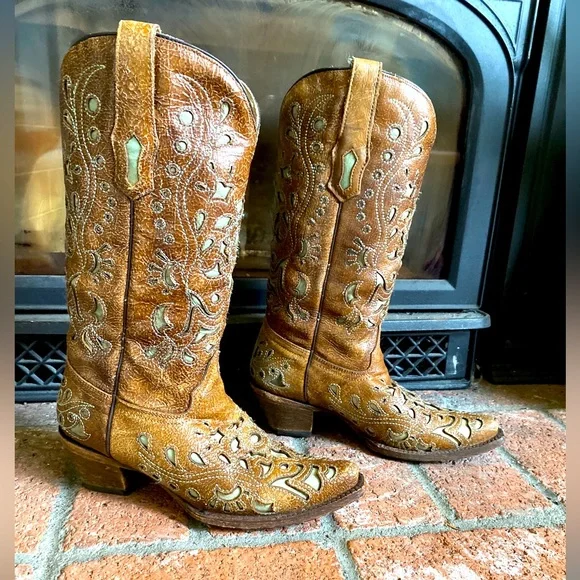 CORRAL Cowboy Boots Brown Leather Tan Inlay Detailing SZ 8 Western Cowgirl - Picture 1 of 8